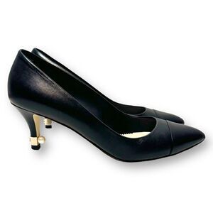 Chanel Black Matte Leather CC Gold Logo and Pearl Embellished Heel Pumps Size 37